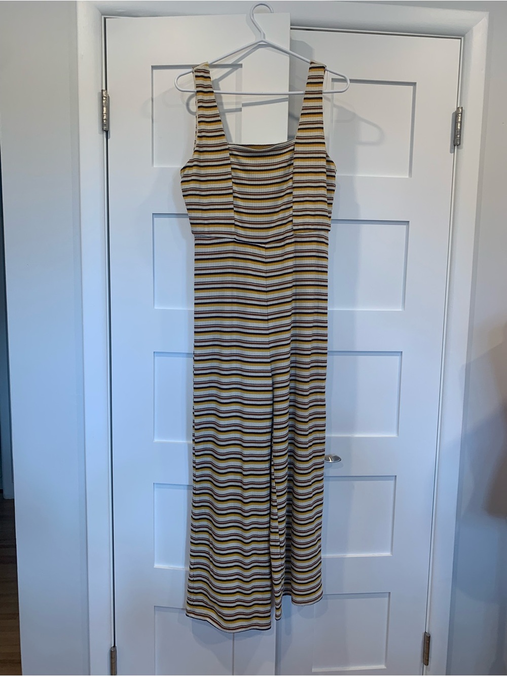 VGUC Wide Leg Striped Knit Tank Jumpsuit in Mustard and Brown size Medium
